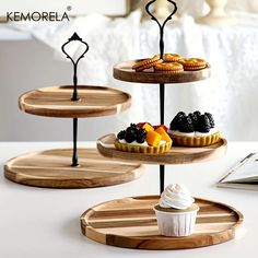 three tiered trays holding pastries and desserts