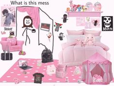 a bedroom with pink furniture and accessories on the floor in front of a white wall