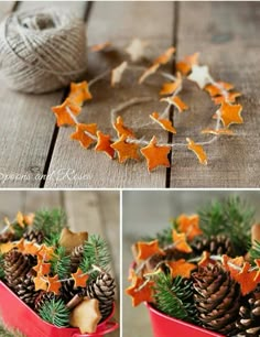 christmas decorations made out of pine cones and oranges in a red bucket with twine