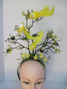 "* This black branch headpiece features retro black and yellow bumble bees and pearl enhanced butterflies. The yellow feathered birds make this an eye catching design for summer and the petite yellow flowers bring all the elements together. Made specifically for the gal who loves the sweet honey of the bee, the fluttering butterflies and the perched feather birds and has a great sense of humor! * It's well balanced and comfortable and made to sit directly on top of the head. * Branches are acryl Adjustable Yellow Headpiece For Summer, Adjustable Yellow Summer Headpieces, Adjustable Yellow Headpieces For Summer, Yellow Headband Fascinator, Yellow Spring Headband, Yellow Headband For Spring Party, Adjustable Feather Headband For Spring, Yellow Summer Headband, Adjustable Yellow Headband