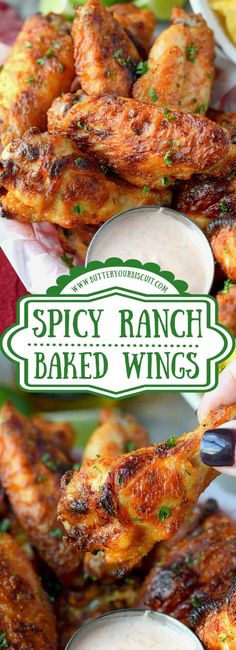 a person holding up a piece of chicken wings with ranch sauce on top and the words spicy ranch baked wings above it