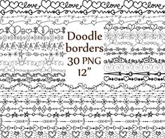 doodle borders with hearts and arrows in black and white, set of 12 digital clip art