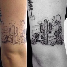 two different tattoos on the legs of people, one with cactus and sun in background