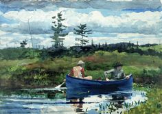 two people in a blue boat on the water with trees and grass behind them,