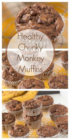 healthy chunky monkey muffins on a cooling rack with bananas in the background