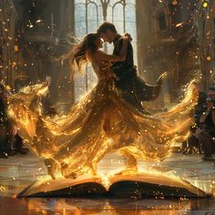 a man and woman are dancing in front of an open book with gold sparkles