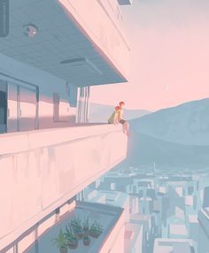 a person sitting on the ledge of a building looking out over a cityscape