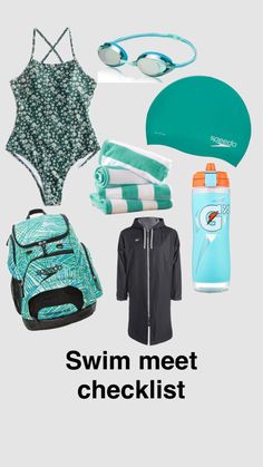 the swim meet checklist includes swimming gear, water bottle, backpack and sun glasses