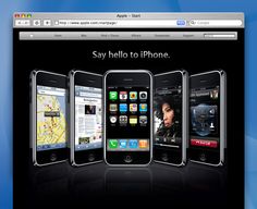 several cell phones are shown in this screenshot with the caption say hello to iphone