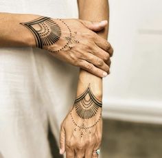 two hands holding each other with tattoos on their arm and wrist, both showing the same design