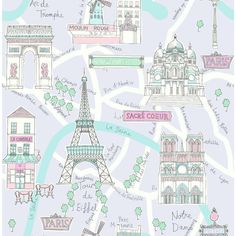 an illustrated map of paris with the eiffel tower in pastel blue and pink