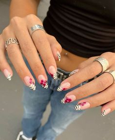 zebra flower nail inspo French Tip With Zebra Print, Black Designs On Nails, Popular Acrylic Nails 2024, Almond Zebra Nails, Pink And Zebra Nails, Funky Nail Designs Acrylics, Brown And Pink Nails Design, Thanksgiving Nails 2024, Each Nail Different Design