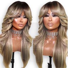 3-5 Days To Ship Prices Are Firm Not Accepting Offers High Quality Synthetic That Mimics Human Hair Premium High Heat Fiber Hd Lace On Part Only Pre-Layered Comes Styled Perfect For Every Day Wear Layered Wigs, Hype Hair, Long Curtains, Dark Roots, Hair Blonde, Curtain Bangs, Hd Lace, Wig Hairstyles, Beauty Women