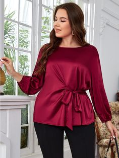 Burgundy Elegant Collar Long Sleeve Woven Fabric Plain Top Embellished Non-Stretch  Women Plus Clothing Causal Frocks, African Design Dresses, Plain Shirts, Dressy Tops, Lantern Sleeve, Plus Size Blouses, Lantern Sleeves