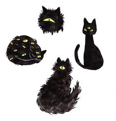 three black cats with glowing eyes and green eyes