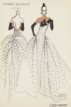 two women's dresses with polka dots on them, one in black and the other in white