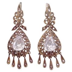 An absolutely superb pair of rose-cut diamond earrings from the Georgian ( 1830s ) era. these incredible earrings are crafted in 9k gold-topped silver and feature a sparkling array of rose cut diamonds , approximately 6 carats , F/G color , VVS clarity . Vintage Drop Earrings, Georgian Jewelry, Rose Vintage, Rose Cut Diamond, Rose Cut, Antique Jewelry, Diamond Earrings, Diamond Cuts, Pear