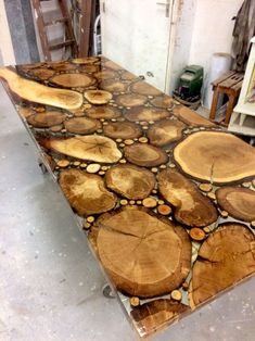 the table is made out of wood slices