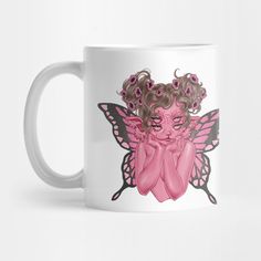 a coffee mug with a pink fairy sitting on it's side and holding her hands to her face