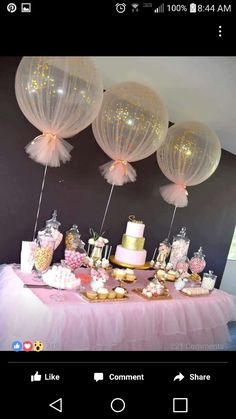 a table topped with lots of cake and balloons