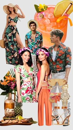 a collage of people in colorful clothing and tropical outfits, including pineapples