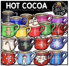 many different colored coffee mugs with the words hot cocoa on them and candy canes in