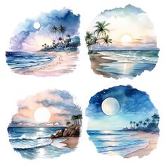 four watercolor paintings of beach scenes with palm trees and the moon in the sky