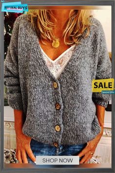 Casual Cotton-blend V Neck Cardigan-outerwear Gray V-neck Outerwear With Pockets, Casual Oversized V-neck Outerwear, Trendy V-neck Outerwear In Solid Color, Cozy Gray V-neck Outerwear, Button-up Winter Sweater, Winter Button-up Solid Color Sweater, Winter Solid Color Button-up Sweater, Gray Knitted V-neck Outerwear, Trendy Solid V-neck Sweater Coat