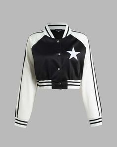 Details: Long-sleeve cropped jacket with star label designTop Length: CroppedSleeve Length: Long SleevesMaterials: 95% Cotton + 5% Spandex Jacket Outfit Drawing, Cropped Jacket Outfit, Edgy Tops, Star Patchwork, Slippers Outfit, Text Letters, Line Jackets, Cropped Jacket, Latest Outfits