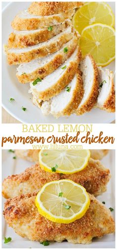 baked lemon parmesan crusted chicken on a white plate with sliced lemons