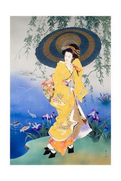 size: 24x16in Art Print: Koi by Haruyo Morita : Haruyo Morita’s elegant paintings combine elements of Japanese art, kimono design and her own unique Western-influenced style. Rigorously schooled to become a kimono painter with design Master, Hasuki, Haruyo combines this traditional training with studies of Japanese art evident in her work. Her art is also inspired by travels outside of her native country, including a foray to London. Haruyo’s work, which also draws from the style and drama of tr Karp Koi, Art Geisha, Geisha Tattoo, Beauty Paintings, Koi Art, Art Chinois, 일본 패션, Geisha Art, Japanese Geisha