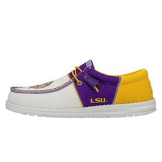 PRICES MAY VARY. Officially Licensed Football team-color design with bold team logo display on front and side, Made with signature HEYDUDE comfort, lightweight materials, and a slip-on design Perfect for all-day wear: Whether for tailgating at a LSU Tigers, or in the stands cheering, you can show off your LSU Tigers pride in this Wally Tri and be game-day ready. Great for Christmas gifts, birthdays, showing school spirit, or just to treat yourself to a great slip-on shoe. Lightweight with elasti Mens Slip On Loafers, School Uniform Shoes, School Uniform Kids, Wide Shoes, Lsu Tigers, Hey Dude, Elastic Laces, School Spirit, Sneaker Shopping