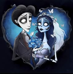 corpse bride and groom with blue roses in heart shaped frame on black background for day of the dead