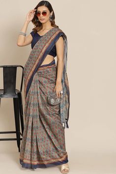 Buy Multicolor Cotton Block Printed Saree Online - Front Multicolor Saree, Gujarati Saree, Kalamkari Design, Saree Pattern, One Minute Saree, Multicolor Blouse, Kalamkari Designs, Saree Work, Block Print Saree