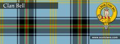 the clan bel tartan is shown in blue, green and yellow plaid with an emblem on