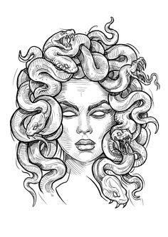 a drawing of a woman with snakes on her head