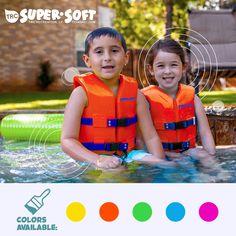 two young boys in life vests sitting on the back of a swimming pool with colors available