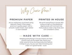 a white paper with gold foil on it that says, why curio pen?