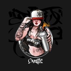 a woman with tattoos holding a spray can and wearing a baseball cap on her head