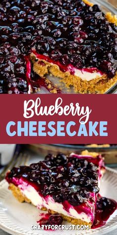 blueberry cheesecake on a plate with the rest of the pie in the background