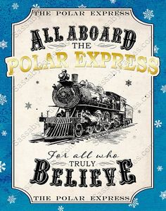 an advertisement for the polar express with a train on it's front and snowflakes in the background