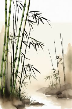 watercolor painting of bamboo trees and rocks