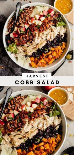 two bowls filled with chicken and vegetables next to some sauces on the side that says harvest cobb salad