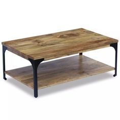 a wooden table with black metal legs and a shelf on the bottom that has a wood top