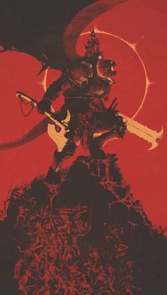 an illustration of a demon standing on top of a pile of rubble with two swords in his hands