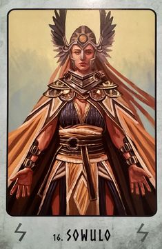 a tarot card with an image of a woman wearing armor and holding her hands out