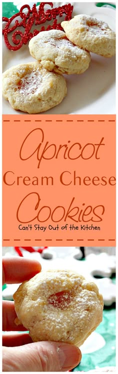 an image of some cookies that are on a plate with the words apricot cream cheese cookies