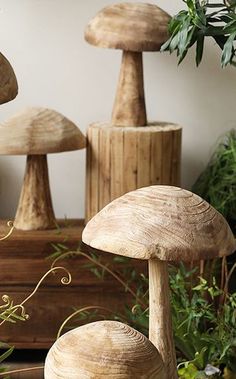 three wooden mushrooms sitting on top of a table next to green plants and potted plants