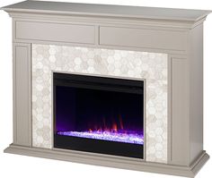 an electric fireplace with white tiles and purple flames