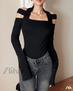 Zlily - Solid Color Long Sleeve Shoulder Slim Fit Shirt with Sexy Style Y2k Swimsuit, Solid Clothes, Slim Fit Shirt, Y2k Aesthetic, Cropped Top, Shoulder Sleeve, Sleeve Styles, Off Shoulder